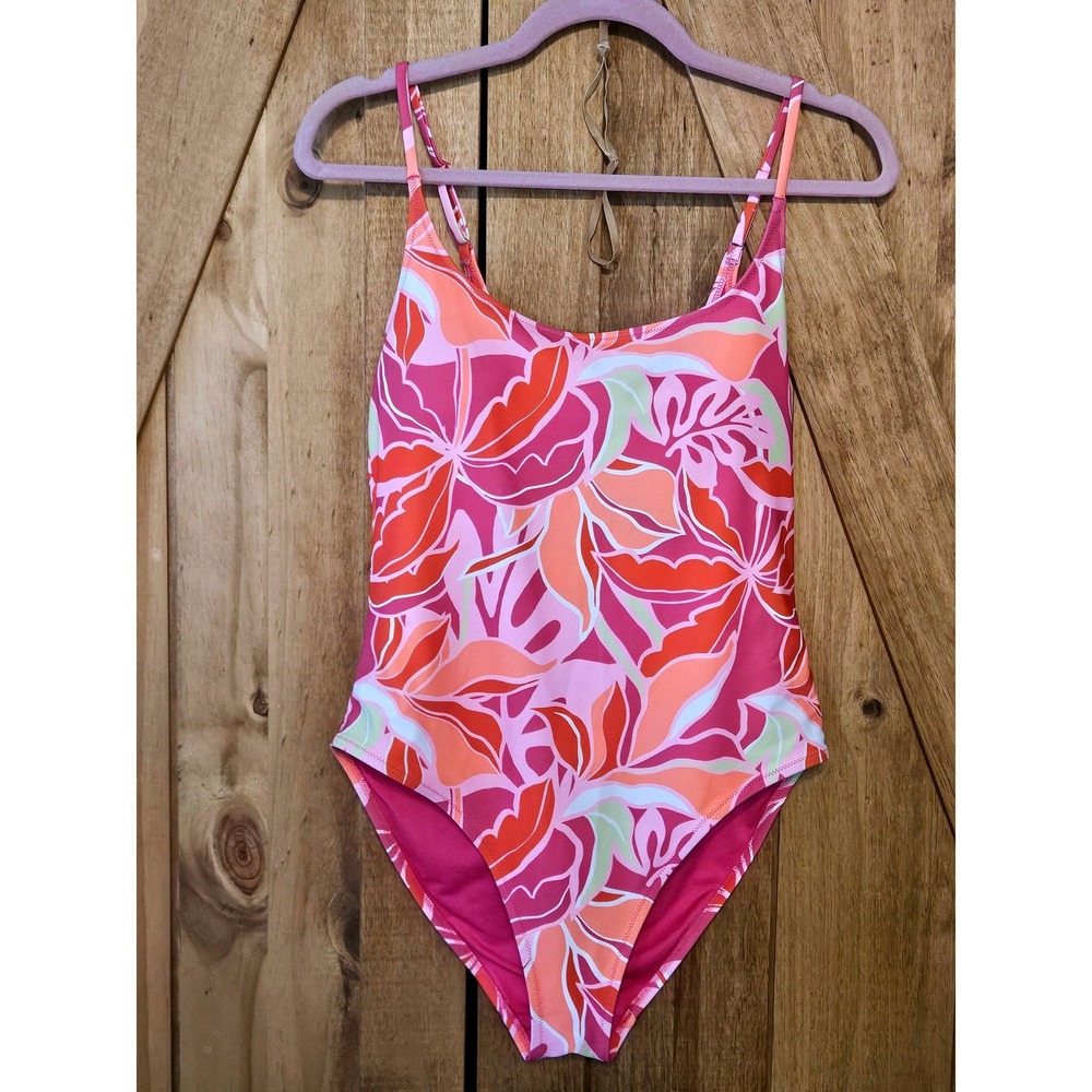 Old‎ Navy One Piece Swimsuit Women L Pink Tropical Modest Adjustable Strap #767